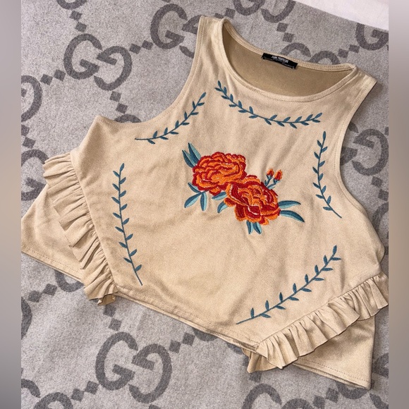 Zara Beige Crop Top with Floral Embroidery Suede like - Picture 4 of 9